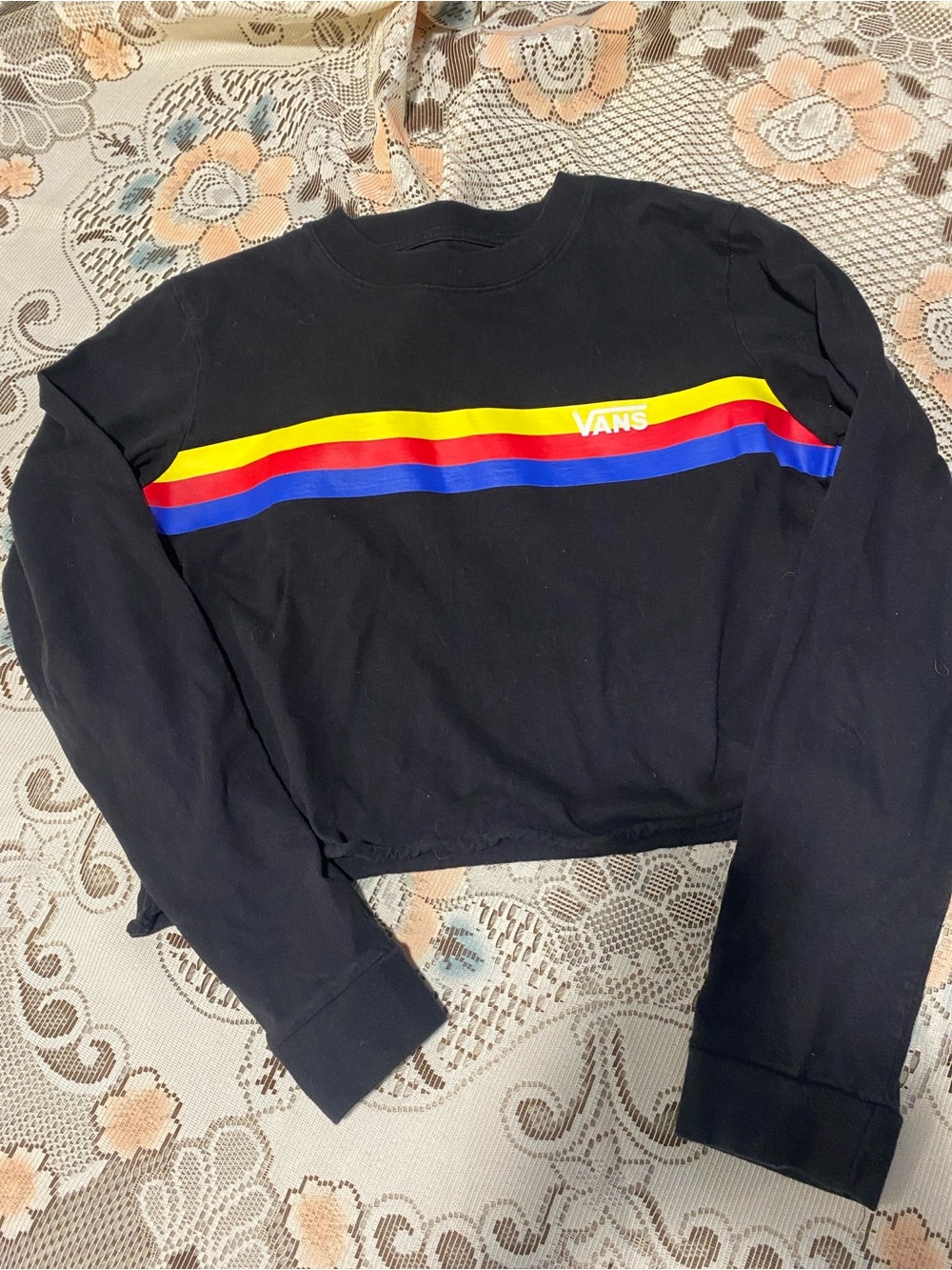 Vans Black Long Sleeve Cropped Shirt with Yellow, Red & Blue Stripes